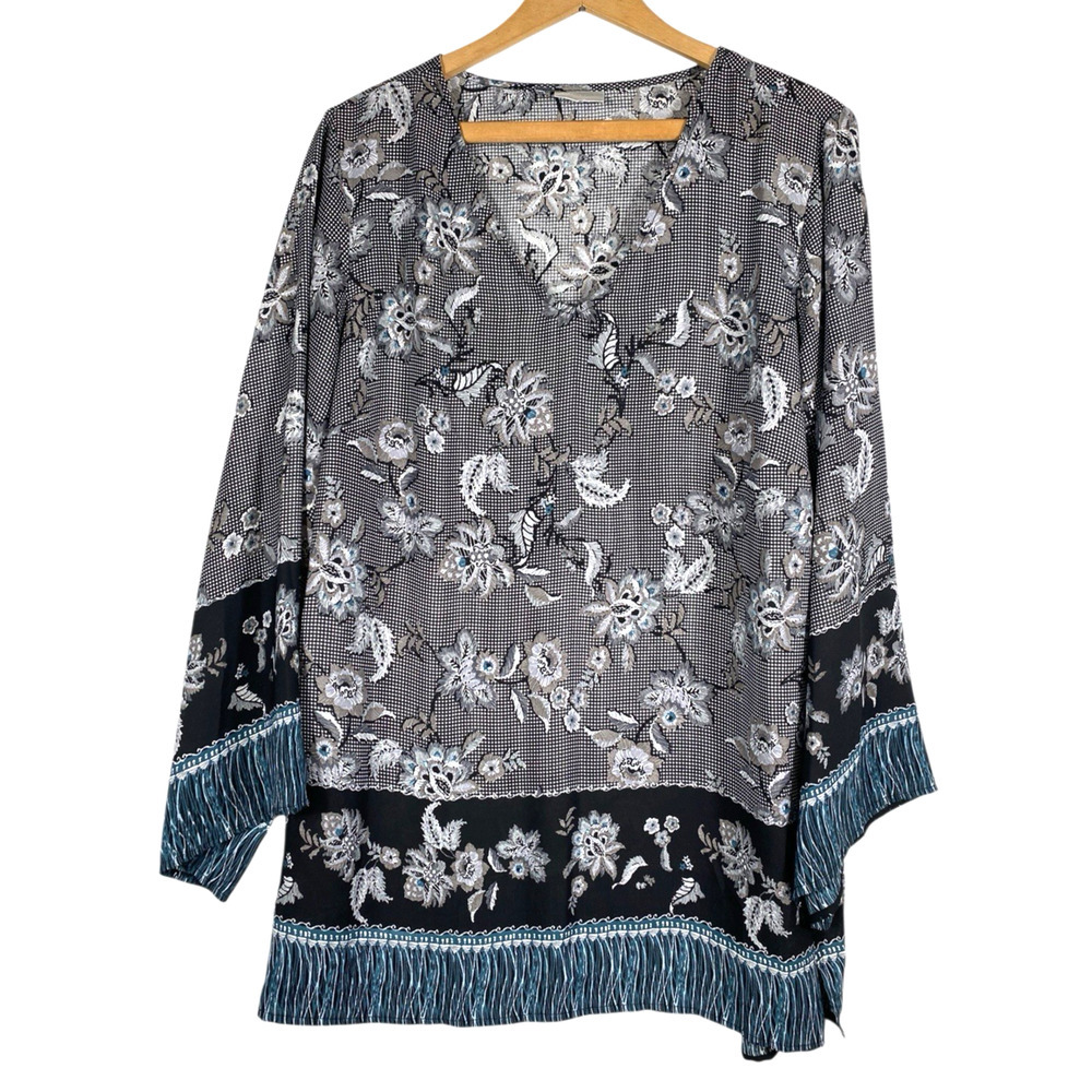 Avenue Tunic Top Size 1X Chiffon Sheer Gray Black Teal Floral Boho Peasant